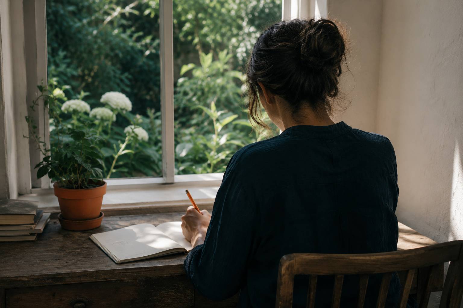Iemand schrijft in een notitieboek aan een houten bureau bij een raam met groene tuinbeplanting op de achtergrond — uitnodiging om auteur te worden bij Tuin de Villa