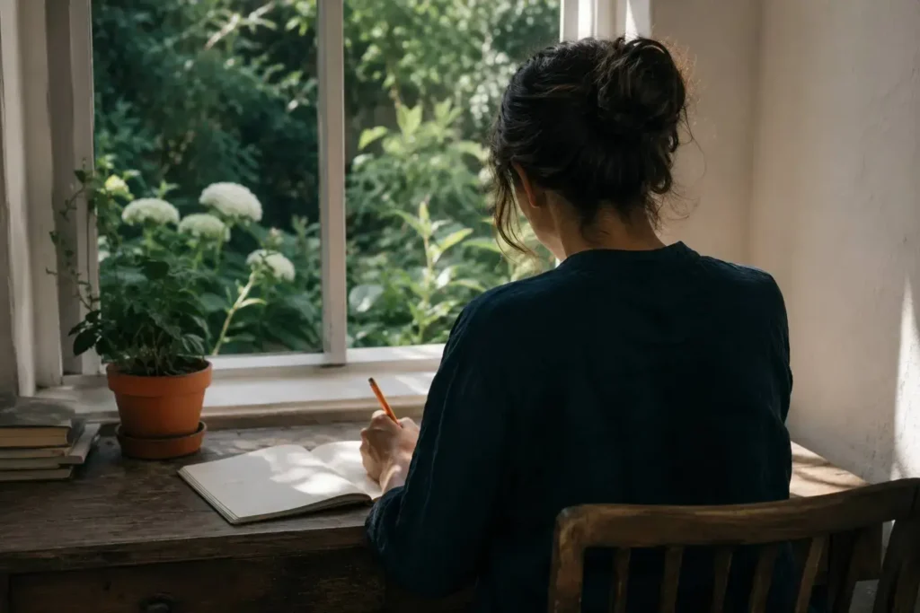 Vrouw van achteren gezien die met een potlood schrijft in een notitieboek aan een houten bureau, met een terracotta plantenpot en witte bloemen zichtbaar door het raam