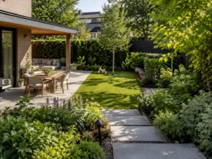 Moderne tuin met terras, gazon, looppad, borders en zitplek als voorbeeld van een tuinontwerp checklist