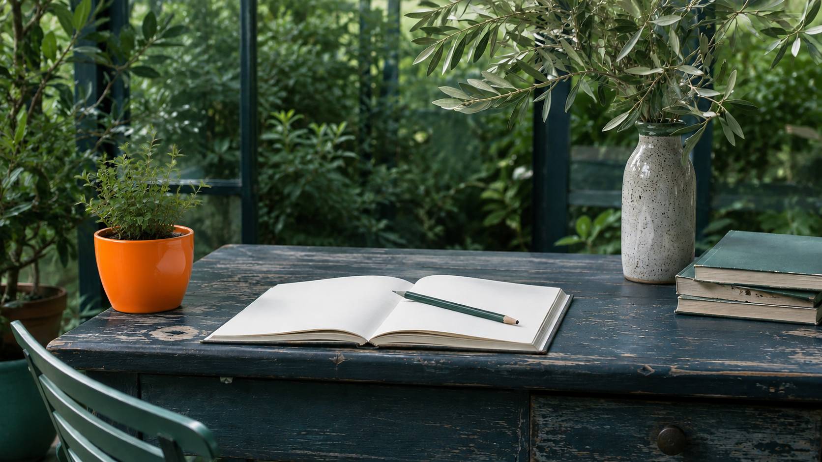 Houten tuintafel met opengeslagen notitieboek en potlood, omgeven door weelderig groen — sfeerbeeld bij de contactpagina van Tuin de Villa